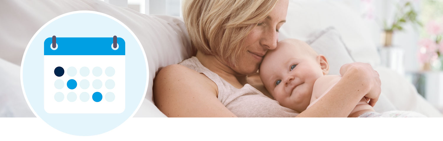 A woman lovingly holds a baby, with a calendar icon superimposed on the image.