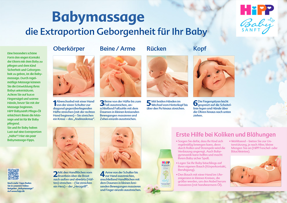 Provides a step-by-step guide on baby massage, emphasizing the importance of the practice for babies, with instructions on how to massage the baby's back, arms, legs, and head.