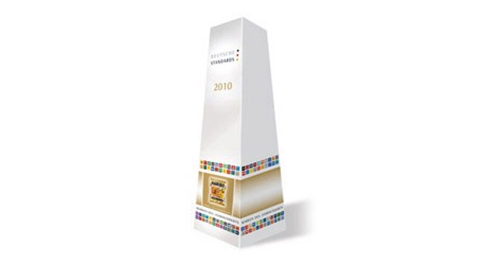 A white, rectangular award with a colorful border and a gold emblem in the center, featuring the text "2010" and "STANDARD" at the top.